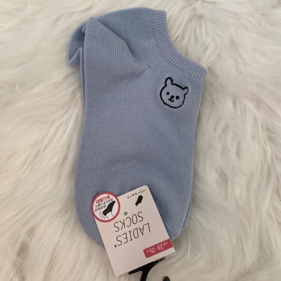 Women's Cute Short Length Socks. Bear Print Embroidery. Blue. Animal Design. - Picture 2 of 4
